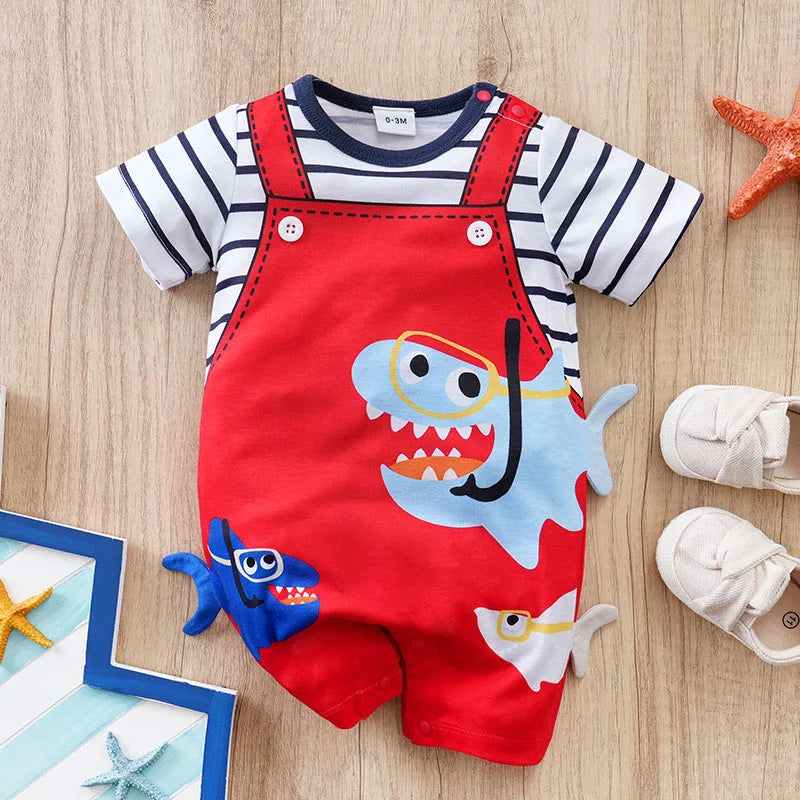 Roupa de bebê recém-nascida com estampa fofa de tubarão 3D, alças finas e confortável para o verão, tamanhos 0-18 anos. Macacão de manga curta para bebês meninos e meninas.