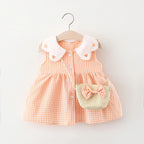 Vestido xadrez para bebê menina, modelo novo, doce e lindo, para o verão, com bolsa de laço