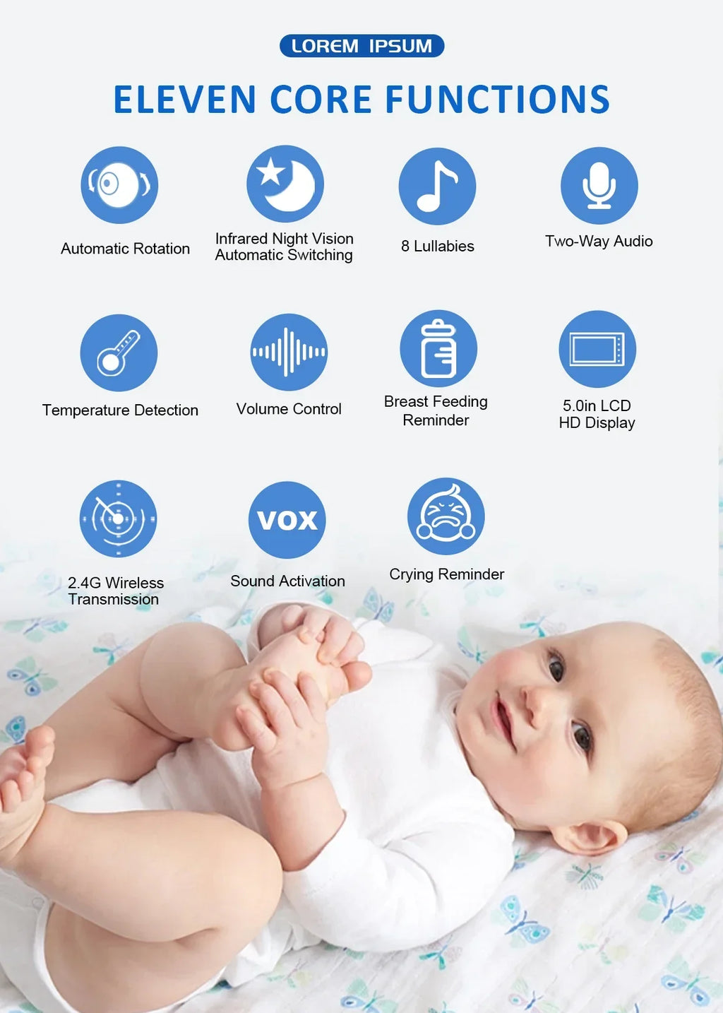 Babá eletrônica de vídeo de 5 polegadas com câmera, zoom PTZ, câmera de segurança para bebês, sensor de temperatura e função de canção de ninar.