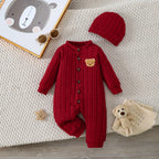 【Bebê Menino】Body vermelho de outono e inverno com botões frontais e um lindo emblema de urso no peito + conjunto de gorro vermelho. Apresentando um