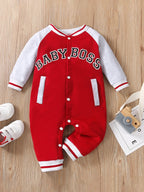 Macacão infantil masculino de manga comprida com estampa de letras, gola redonda e design moderno, fofo e personalizado.
