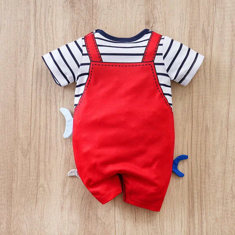Roupa de bebê recém-nascida com estampa fofa de tubarão 3D, alças finas e confortável para o verão, tamanhos 0-18 anos. Macacão de manga curta para bebês meninos e meninas.