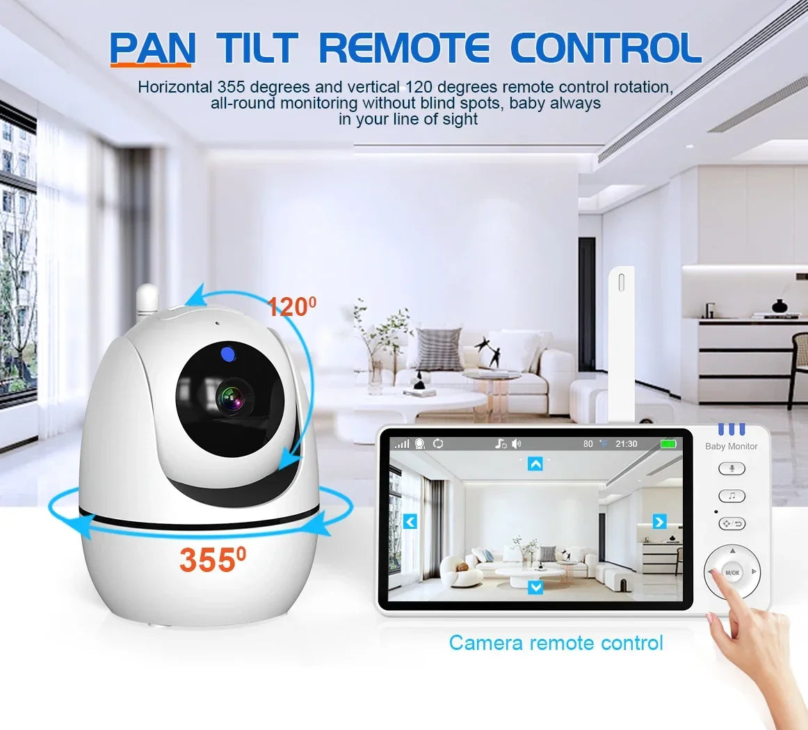 Babá eletrônica de vídeo de 5 polegadas com câmera, zoom PTZ, câmera de segurança para bebês, sensor de temperatura e função de canção de ninar.