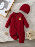 【Bebê Menino】Body vermelho de outono e inverno com botões frontais e um lindo emblema de urso no peito + conjunto de gorro vermelho. Apresentando um