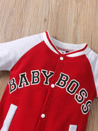Macacão infantil masculino de manga comprida com estampa de letras, gola redonda e design moderno, fofo e personalizado.