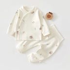 Conjunto de pijama para recém-nascido, composto por camiseta e calça, estampa de desenho animado, em algodão puro, ideal para outono e inverno, tamanho 0-18 meses.