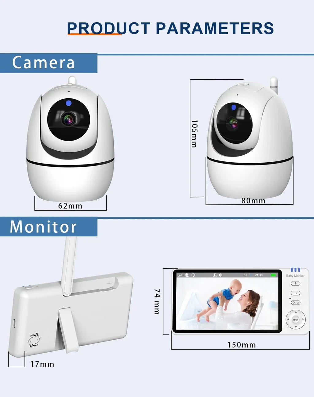 Babá eletrônica de vídeo de 5 polegadas com câmera, zoom PTZ, câmera de segurança para bebês, sensor de temperatura e função de canção de ninar.