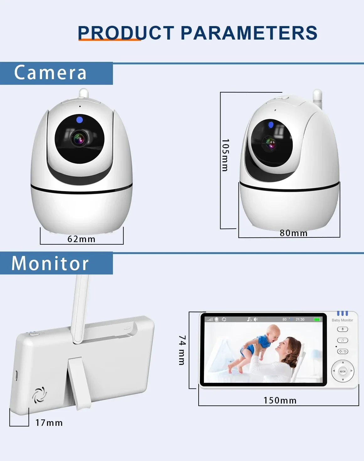Babá eletrônica de vídeo de 5 polegadas com câmera, zoom PTZ, câmera de segurança para bebês, sensor de temperatura e função de canção de ninar.