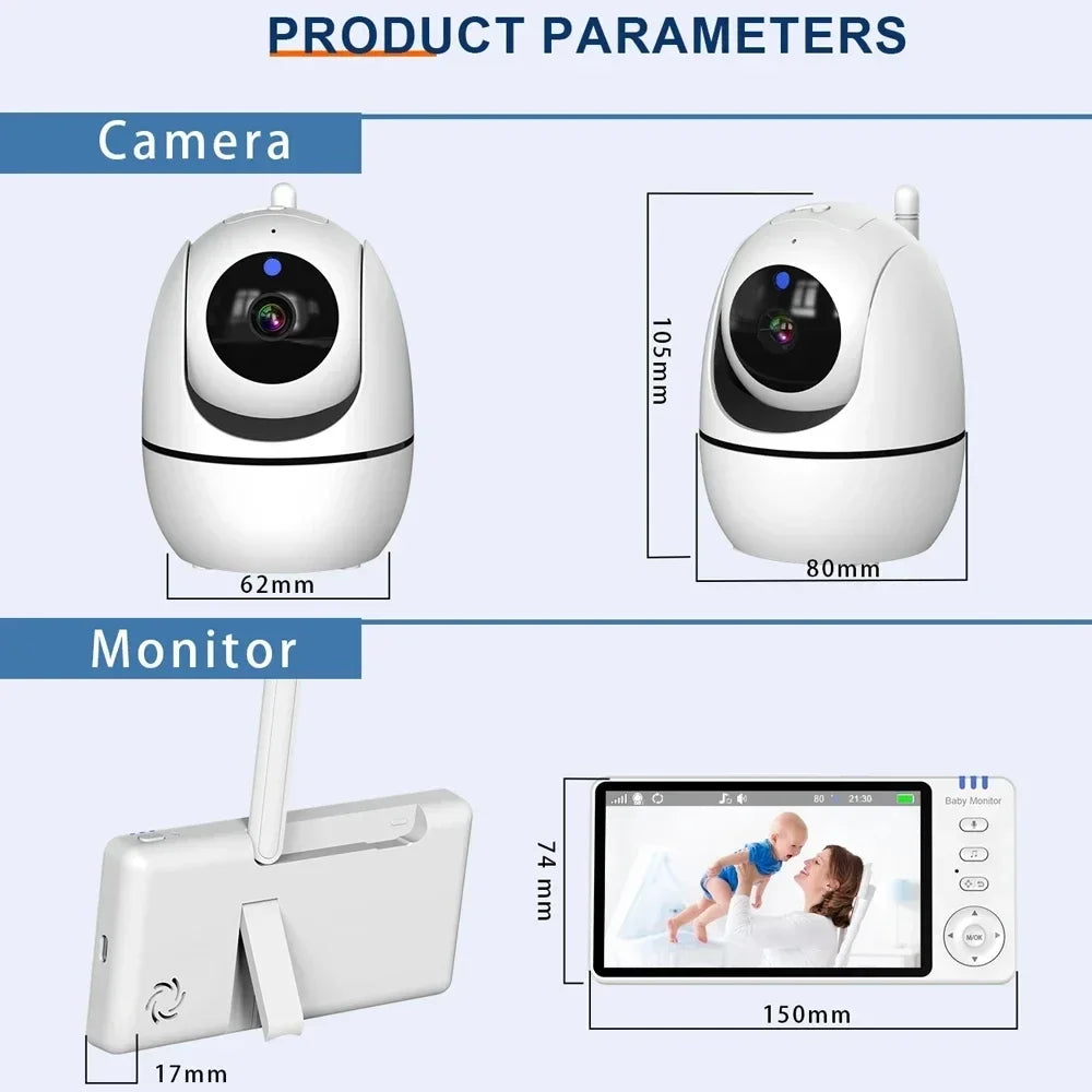 Babá eletrônica de vídeo de 5 polegadas com câmera, zoom PTZ, câmera de segurança para bebês, sensor de temperatura e função de canção de ninar.