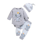 Conjunto de outono para bebês meninos e meninas da Citgeett: macacão de manga comprida estampado, calça e chapéu. Roupa de primavera.