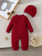 【Bebê Menino】Body vermelho de outono e inverno com botões frontais e um lindo emblema de urso no peito + conjunto de gorro vermelho. Apresentando um