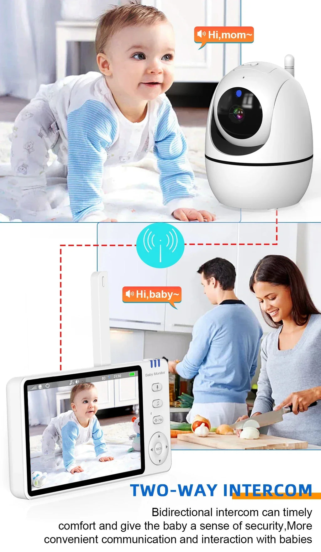 Babá eletrônica de vídeo de 5 polegadas com câmera, zoom PTZ, câmera de segurança para bebês, sensor de temperatura e função de canção de ninar.