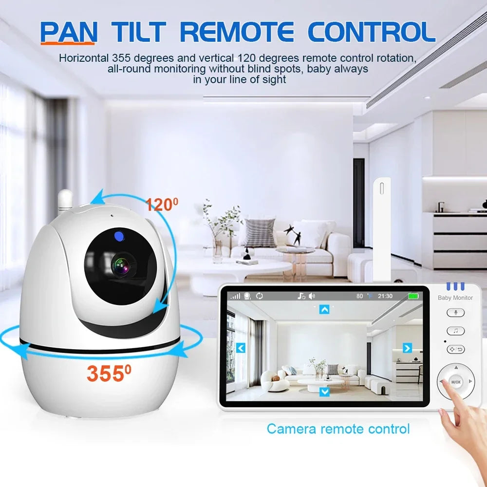 Babá eletrônica de vídeo de 5 polegadas com câmera, zoom PTZ, câmera de segurança para bebês, sensor de temperatura e função de canção de ninar.