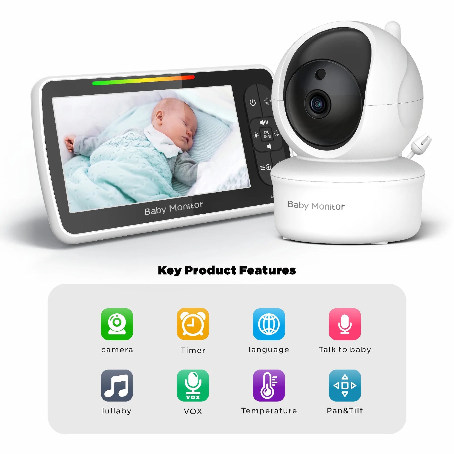Babá eletrônica de 5 polegadas com vídeo HD, câmera e áudio, bateria de 1200mAh, intercomunicador sem fio de 2,4 GHz, sensor de temperatura e função de canção de ninar.