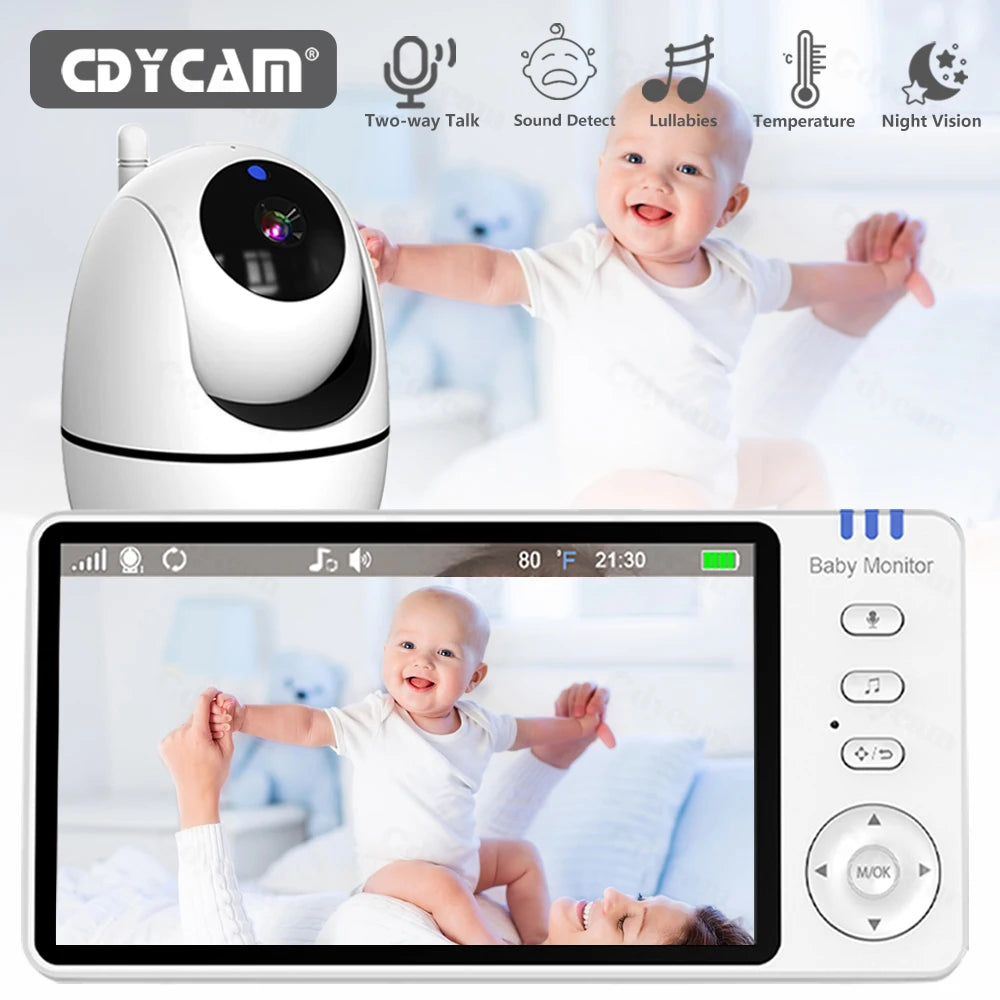 Babá eletrônica de vídeo de 5 polegadas com câmera, zoom PTZ, câmera de segurança para bebês, sensor de temperatura e função de canção de ninar.