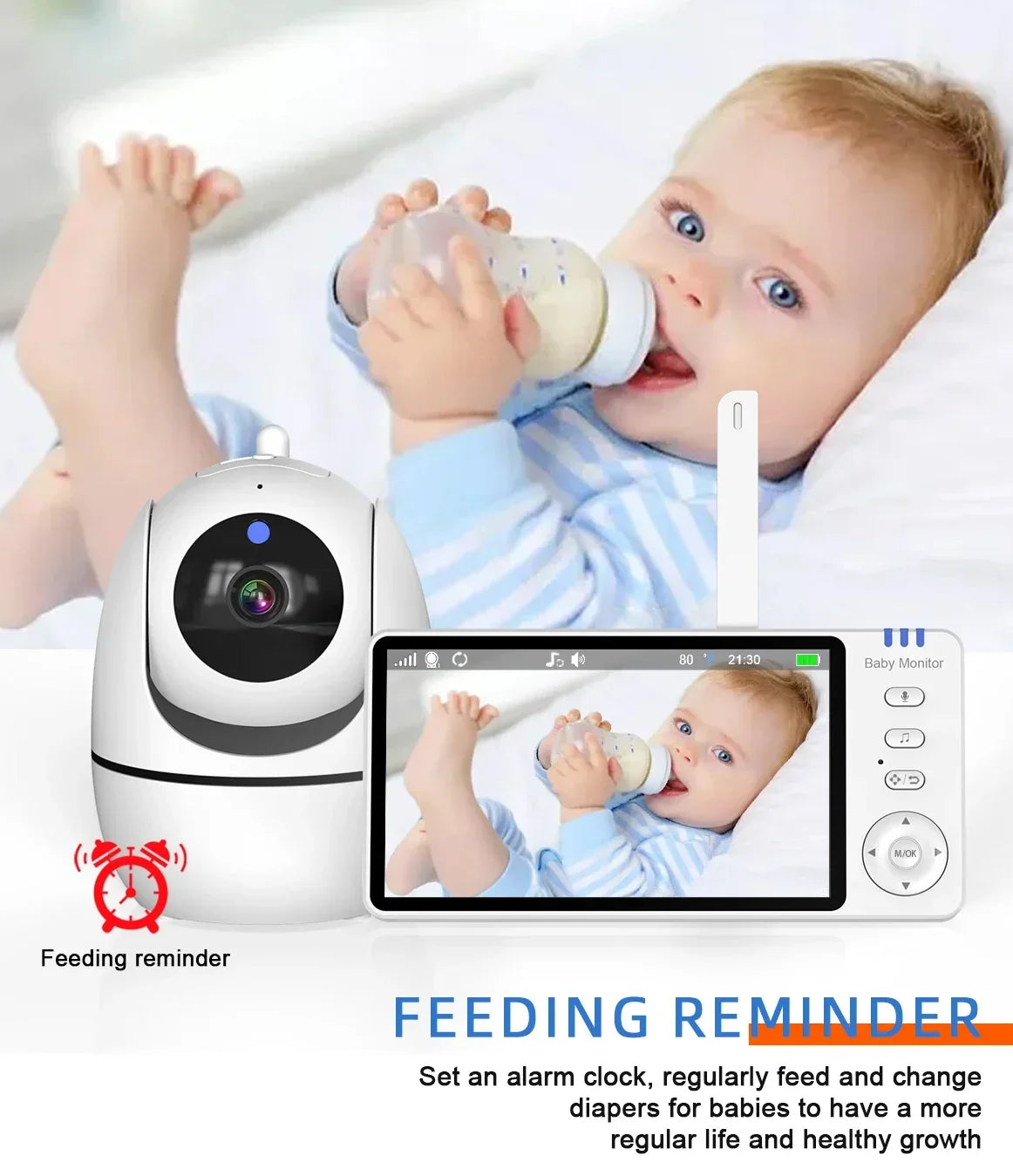 Babá eletrônica de vídeo de 5 polegadas com câmera, zoom PTZ, câmera de segurança para bebês, sensor de temperatura e função de canção de ninar.