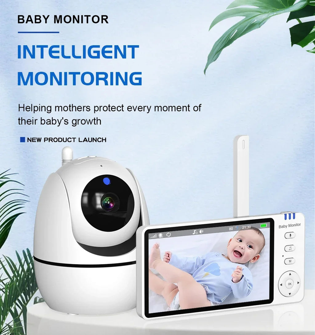 Babá eletrônica de vídeo de 5 polegadas com câmera, zoom PTZ, câmera de segurança para bebês, sensor de temperatura e função de canção de ninar.