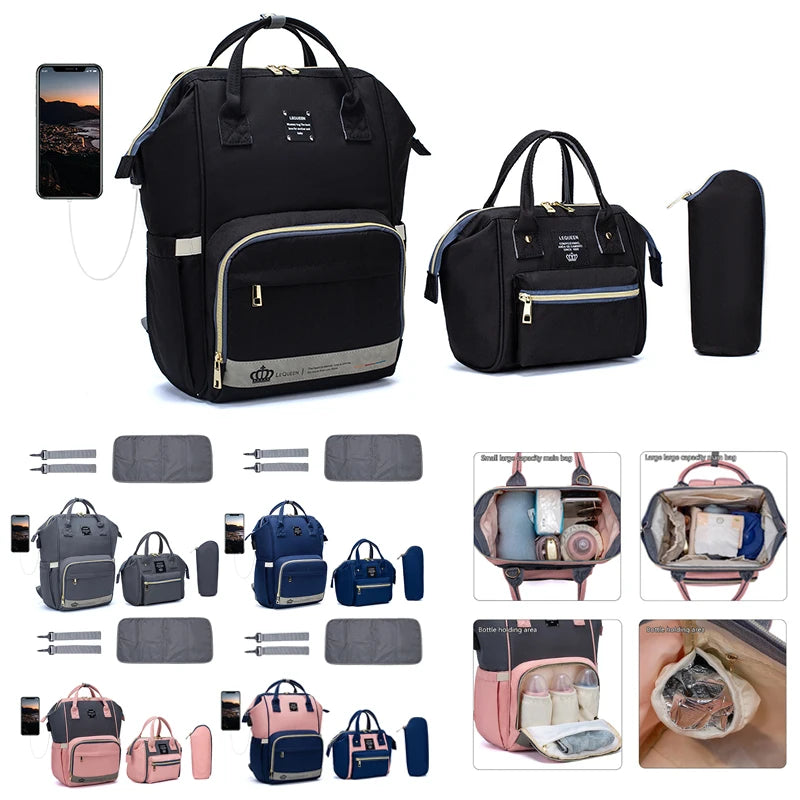 Conjunto de 5 peças LEQUEEN Mom Bag Mochila Grande para Mamãe e Bebê Bolsa para Fraldas Mochila de Maternidade Feminina