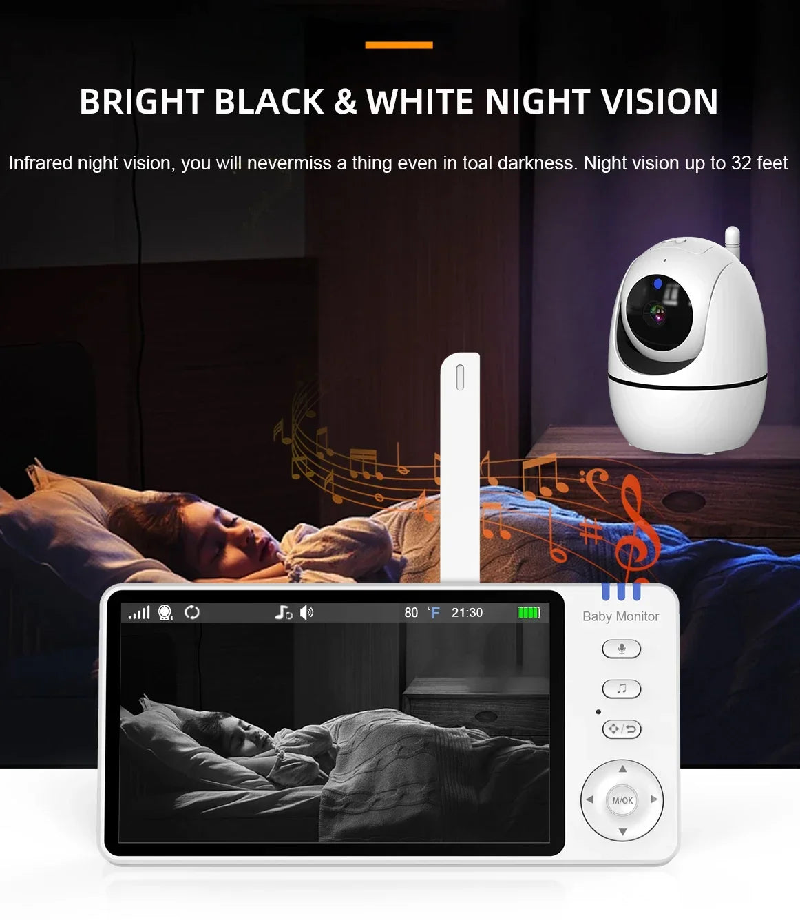 Babá eletrônica de vídeo de 5 polegadas com câmera, zoom PTZ, câmera de segurança para bebês, sensor de temperatura e função de canção de ninar.