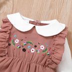 Body de manga comprida confortável para recém-nascida, em algodão puro com estampa floral e blocos de cores, ideal para bebês de 0 a 18 meses. Perfeito para engatinhar.
