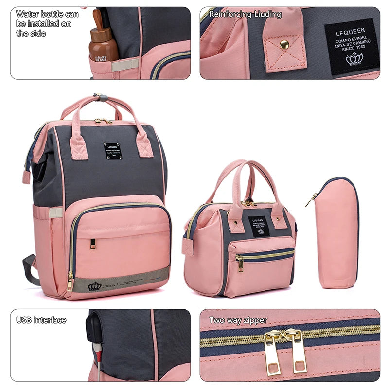 Conjunto de 5 peças LEQUEEN Mom Bag Mochila Grande para Mamãe e Bebê Bolsa para Fraldas Mochila de Maternidade Feminina