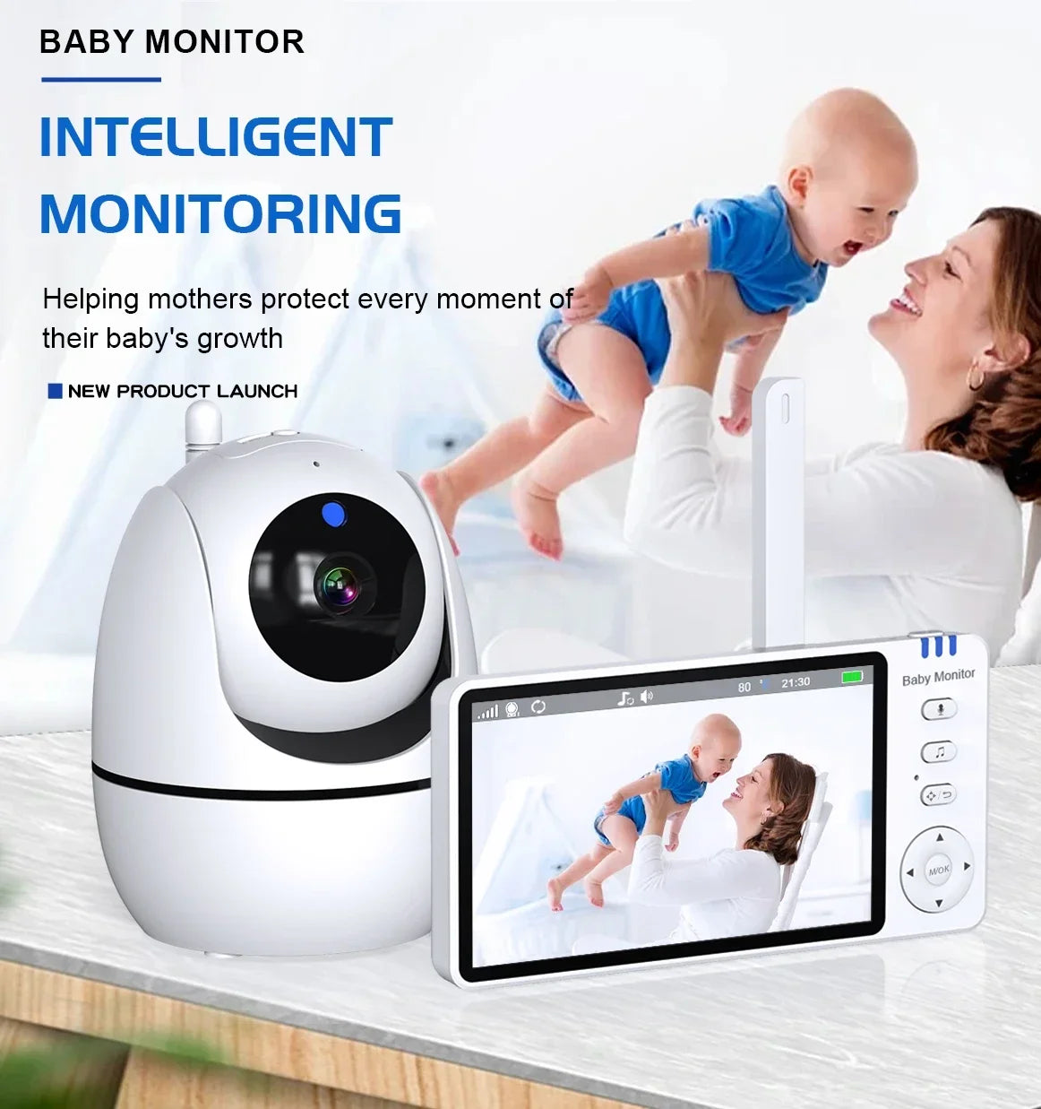 Babá eletrônica de vídeo de 5 polegadas com câmera, zoom PTZ, câmera de segurança para bebês, sensor de temperatura e função de canção de ninar.